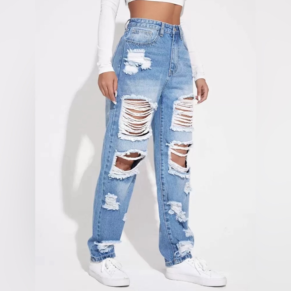 SHEIN EZwear High-Waist Ripped Boyfriend Jeans
